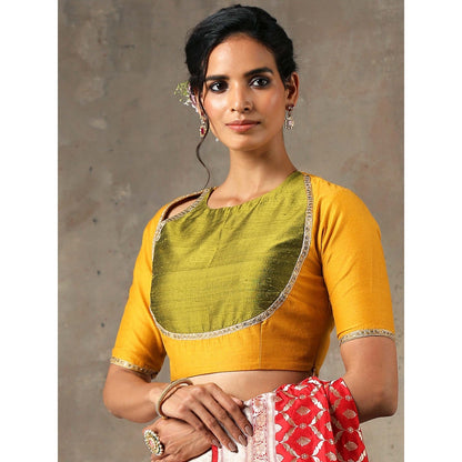 WeaverStory Mustard Matka Style Blouse Munga Silk with Embroidery