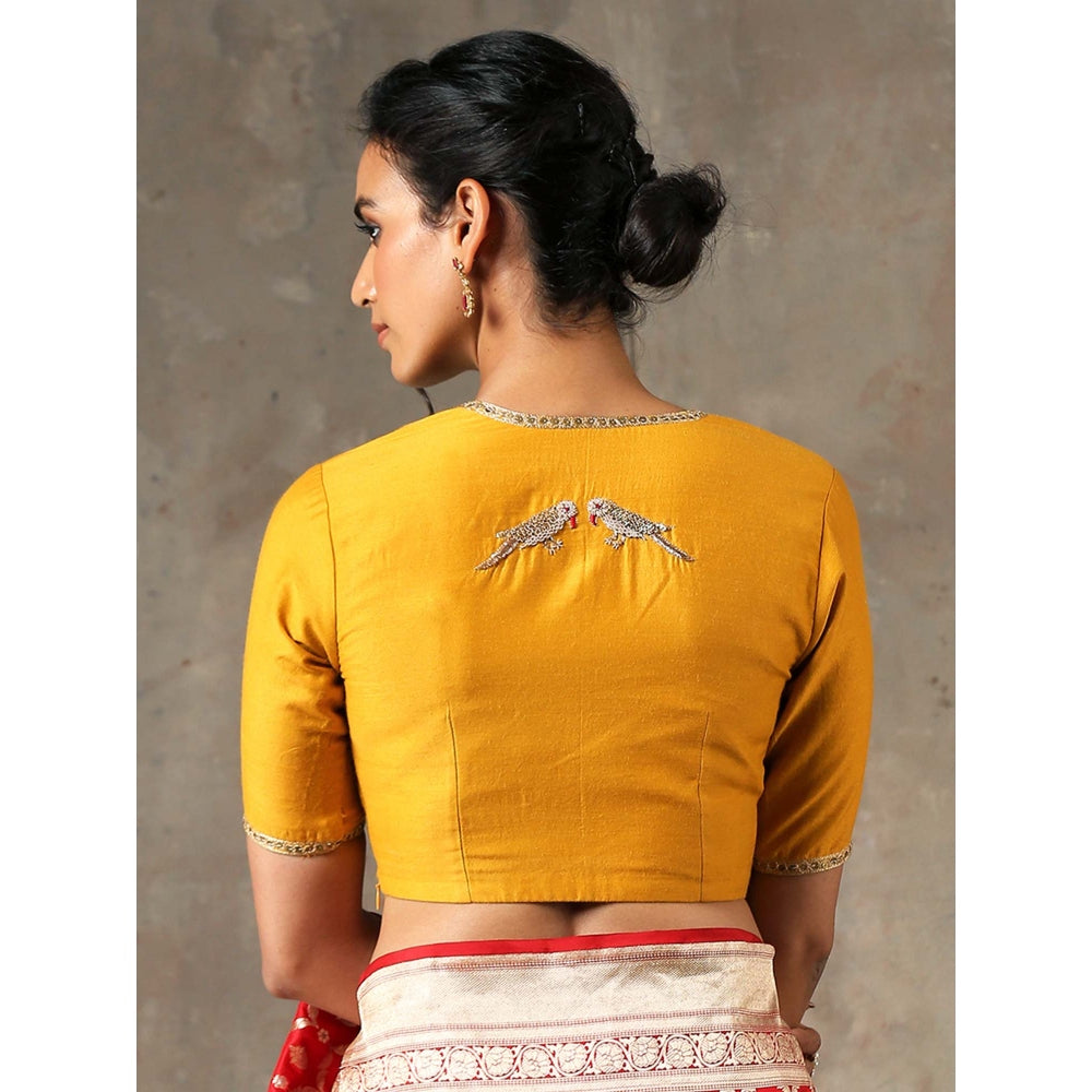 WeaverStory Mustard Matka Style Blouse Munga Silk with Embroidery