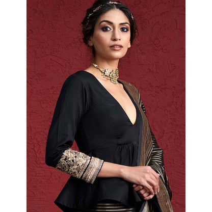 WeaverStory Black Mashroo Silk Blouse with Zardozi Embroidered Sleeves