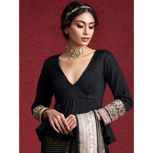 WeaverStory Black Mashroo Silk Blouse with Zardozi Embroidered Sleeves