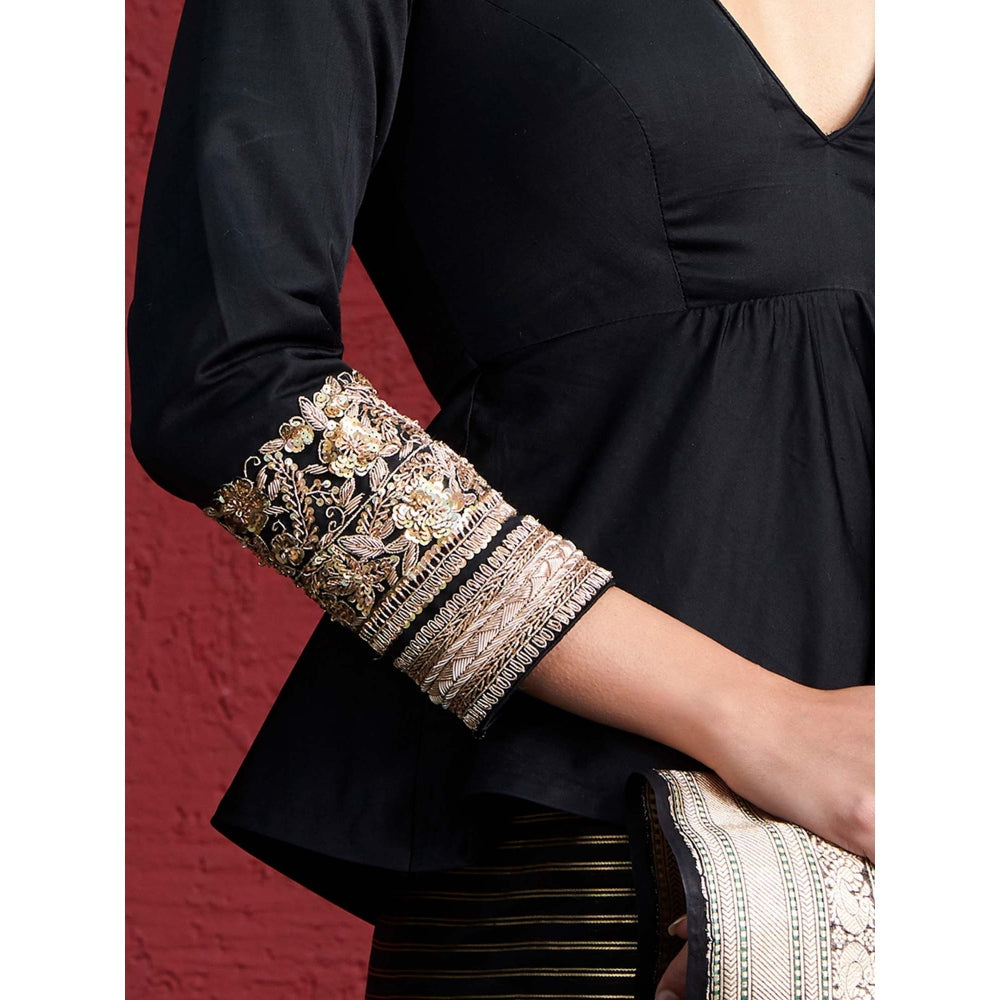 WeaverStory Black Mashroo Silk Blouse with Zardozi Embroidered Sleeves