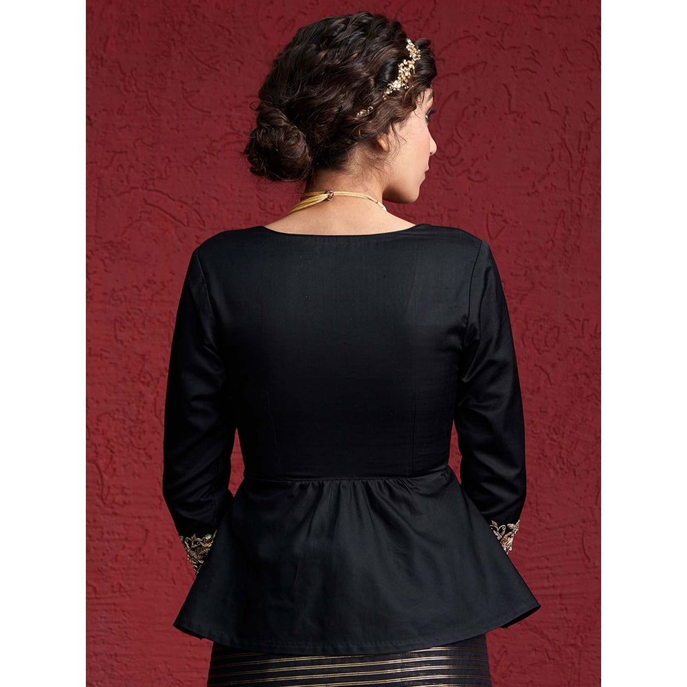 Weaverstory Black Mashroo Silk Blouse With Zardozi Embroidered Sleeves