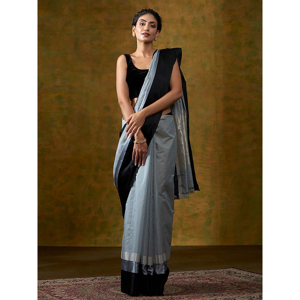 Weaverstory Grey Handloom Cotton Tissue Banarasi Saree Black Mashroo Border With Unstitched Blouse