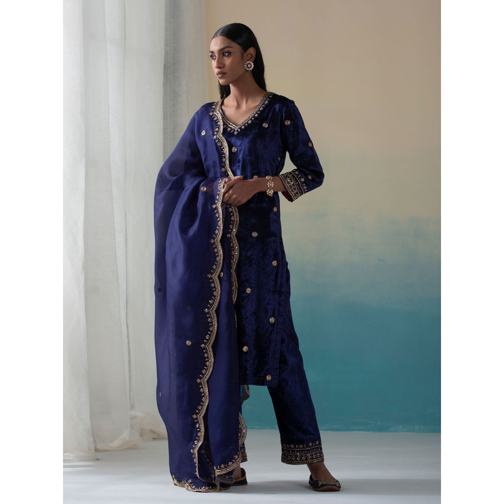 WeaverStory Navy Pure Velvet Zardozi Kurta with Farshi Pants and Organza Dupatta (Set of 3)