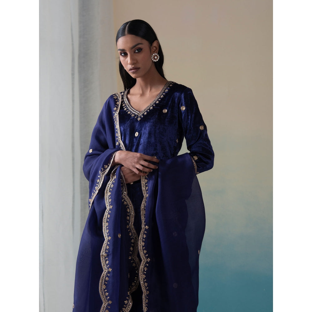 WeaverStory Navy Pure Velvet Zardozi Kurta with Farshi Pants and Organza Dupatta (Set of 3)