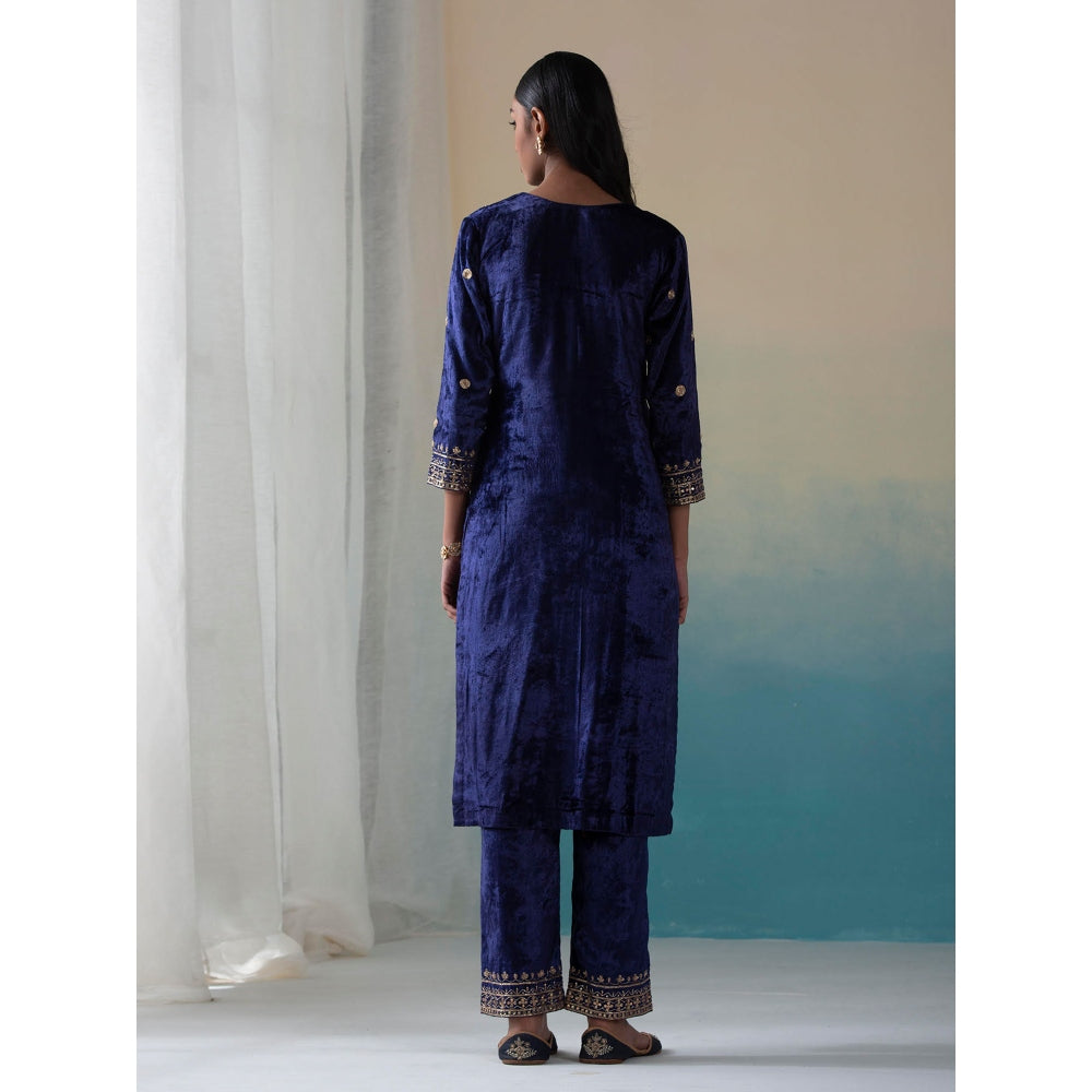 WeaverStory Navy Pure Velvet Zardozi Kurta with Farshi Pants and Organza Dupatta (Set of 3)