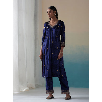 WeaverStory Navy Pure Velvet Zardozi Kurta with Farshi Pants and Organza Dupatta (Set of 3)