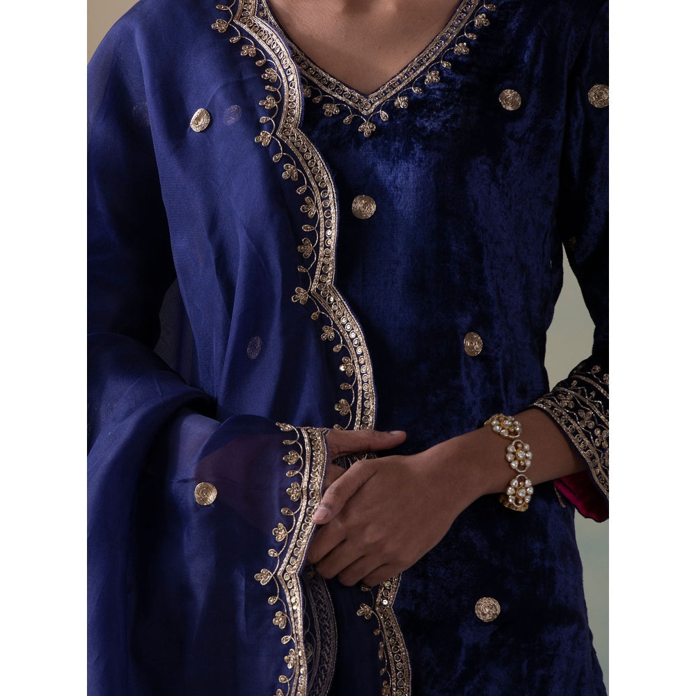 WeaverStory Navy Pure Velvet Zardozi Kurta with Farshi Pants and Organza Dupatta (Set of 3)