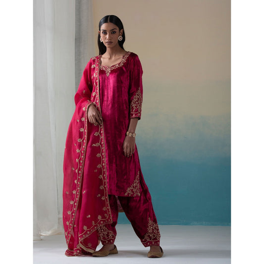 WeaverStory Maroon Pure Velvet Zardozi Kurta with Salwar and Organza Dupatta (Set of 3)