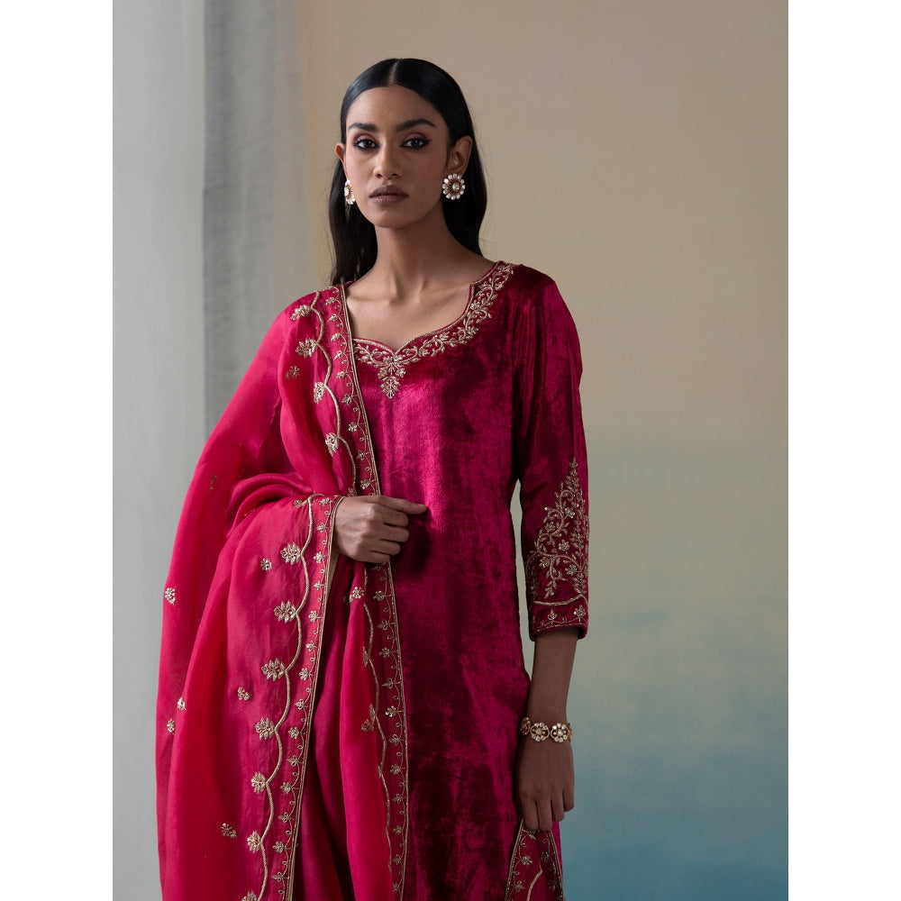 WeaverStory Maroon Pure Velvet Zardozi Kurta with Salwar and Organza Dupatta (Set of 3)