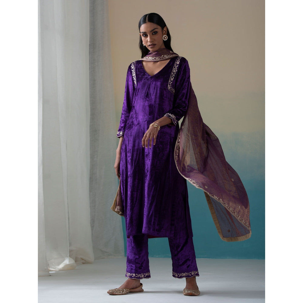WeaverStory Purple Pure Velvet Zardozi Kurta with Farshi Pants and Tissue Dupatta (Set of 3)