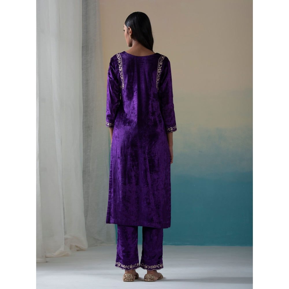 WeaverStory Purple Pure Velvet Zardozi Kurta with Farshi Pants and Tissue Dupatta (Set of 3)