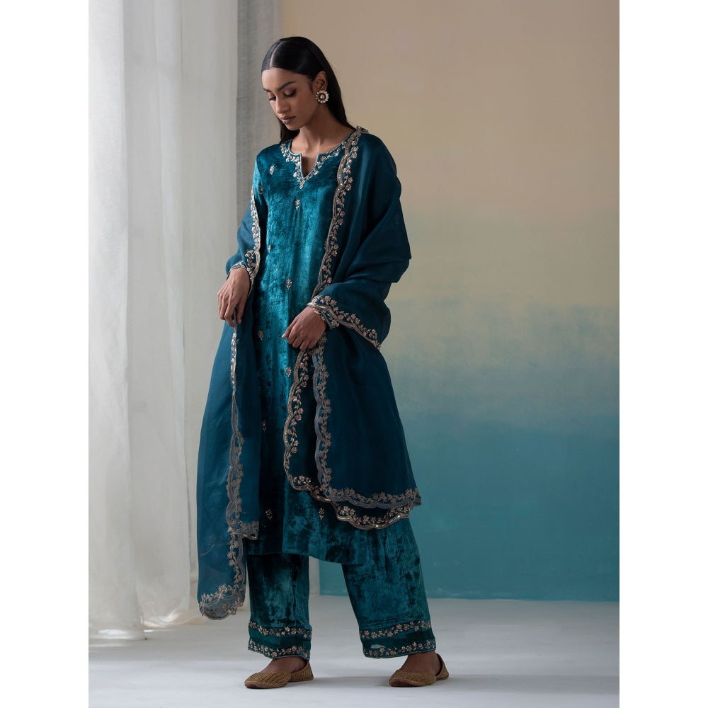WeaverStory Teal Pure Velvet Zardozi Kurta with Farshi Pants and Organza Dupatta (Set of 3)