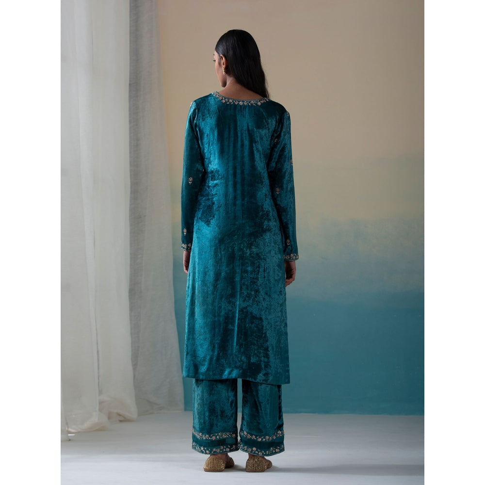 WeaverStory Teal Pure Velvet Zardozi Kurta with Farshi Pants and Organza Dupatta (Set of 3)