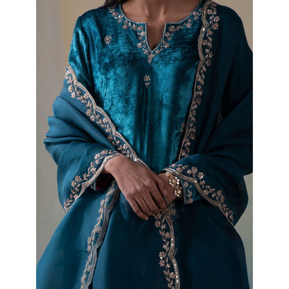 WeaverStory Teal Pure Velvet Zardozi Kurta with Farshi Pants and Organza Dupatta (Set of 3)