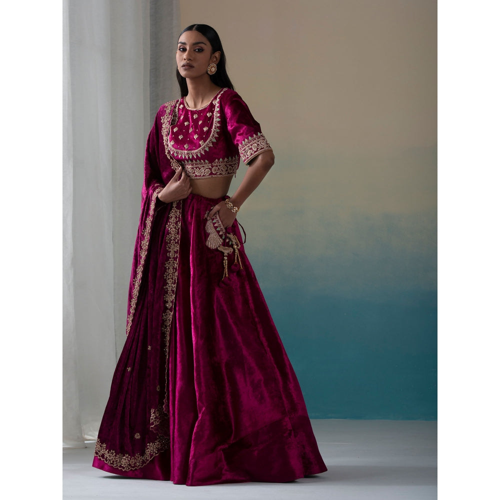 WeaverStory Fuchsia Pure Velvet Zardozi Lehenga with Blouse and Organza Dupatta (Set of 3)