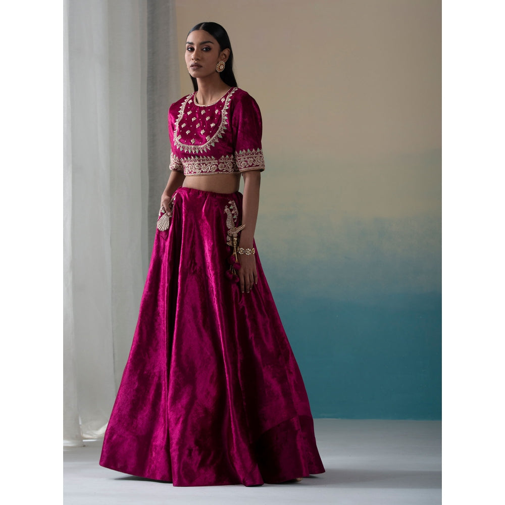 WeaverStory Fuchsia Pure Velvet Zardozi Lehenga with Blouse and Organza Dupatta (Set of 3)
