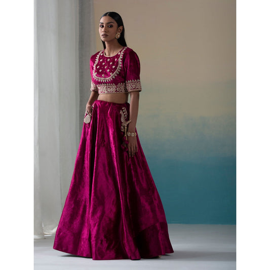 WeaverStory Fuchsia Pure Velvet Zardozi Lehenga with Blouse and Organza Dupatta (Set of 3)