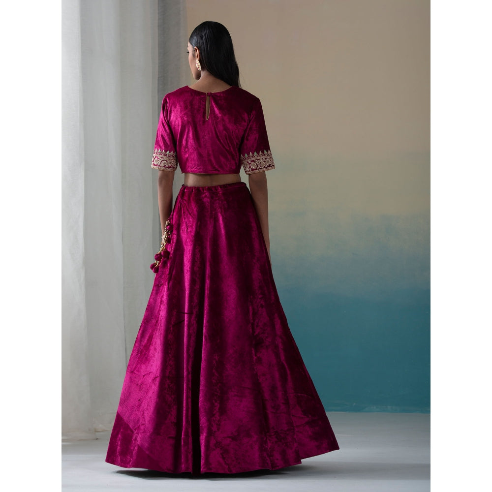 WeaverStory Fuchsia Pure Velvet Zardozi Lehenga with Blouse and Organza Dupatta (Set of 3)