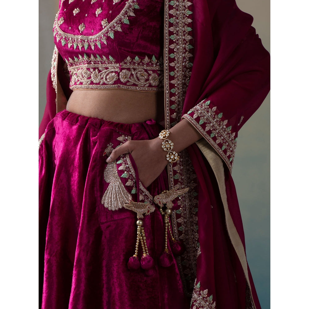 WeaverStory Fuchsia Pure Velvet Zardozi Lehenga with Blouse and Organza Dupatta (Set of 3)