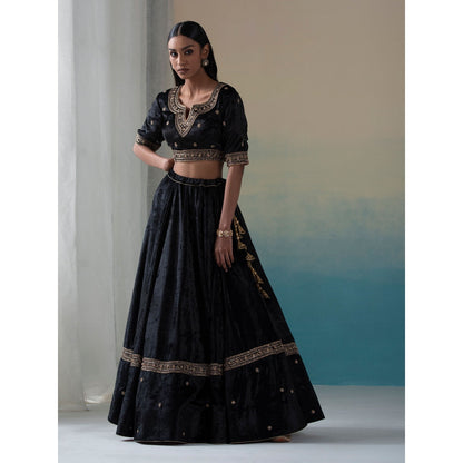 WeaverStory Black Velvet Zardozi Kalidaar Lehenga with Blouse and Doshala (Set of 3)