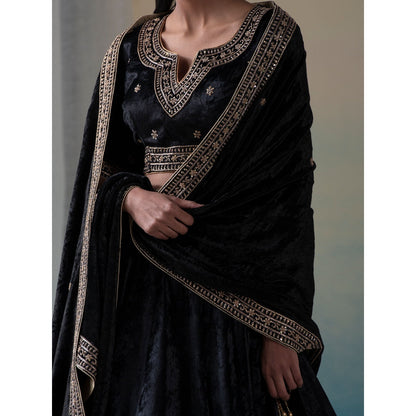 WeaverStory Black Velvet Zardozi Kalidaar Lehenga with Blouse and Doshala (Set of 3)