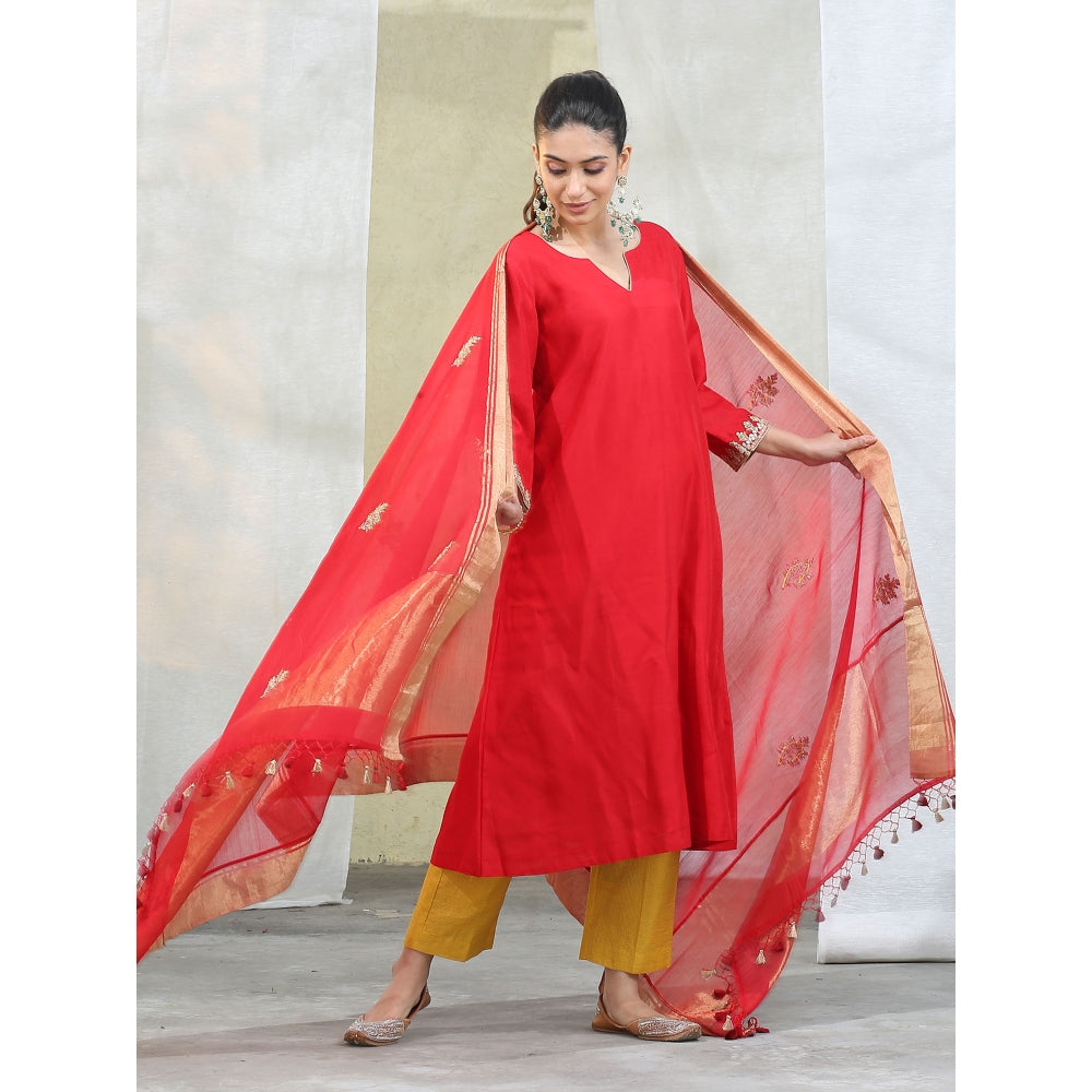WeaverStory Handloom Red Chanderi Silk Kurta with Pants Suit with Dupatta (Set of 3)