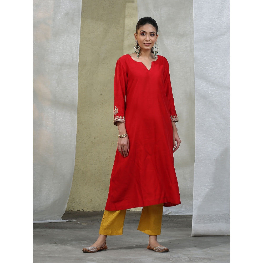 WeaverStory Handloom Red Chanderi Silk Kurta with Pants Suit with Dupatta (Set of 3)