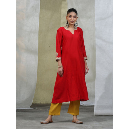 WeaverStory Handloom Red Chanderi Silk Kurta with Pants Suit with Dupatta (Set of 3)