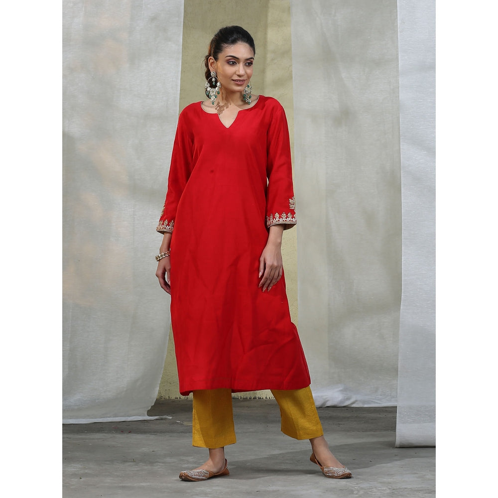 WeaverStory Handloom Red Chanderi Silk Kurta with Pants Suit with Dupatta (Set of 3)