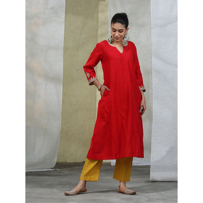 WeaverStory Handloom Red Chanderi Silk Kurta with Pants Suit with Dupatta (Set of 3)