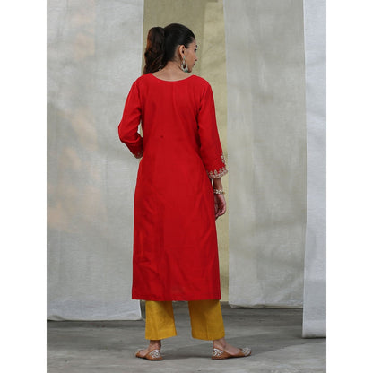 WeaverStory Handloom Red Chanderi Silk Kurta with Pants Suit with Dupatta (Set of 3)