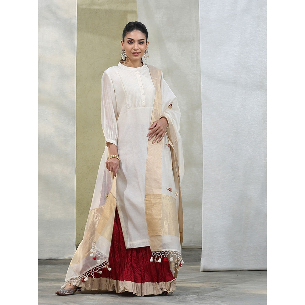WeaverStory White Handloom Chanderi Kurta with Maroon Wrinkled Skirt and Dupatta (Set of 3)