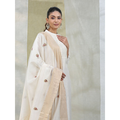WeaverStory White Handloom Chanderi Kurta with Maroon Wrinkled Skirt and Dupatta (Set of 3)