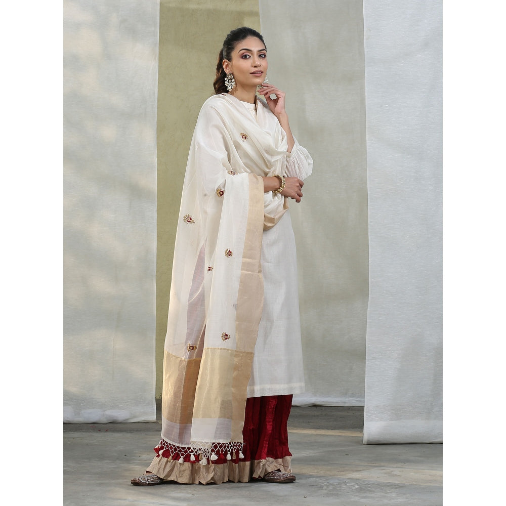 WeaverStory White Handloom Chanderi Kurta with Maroon Wrinkled Skirt and Dupatta (Set of 3)