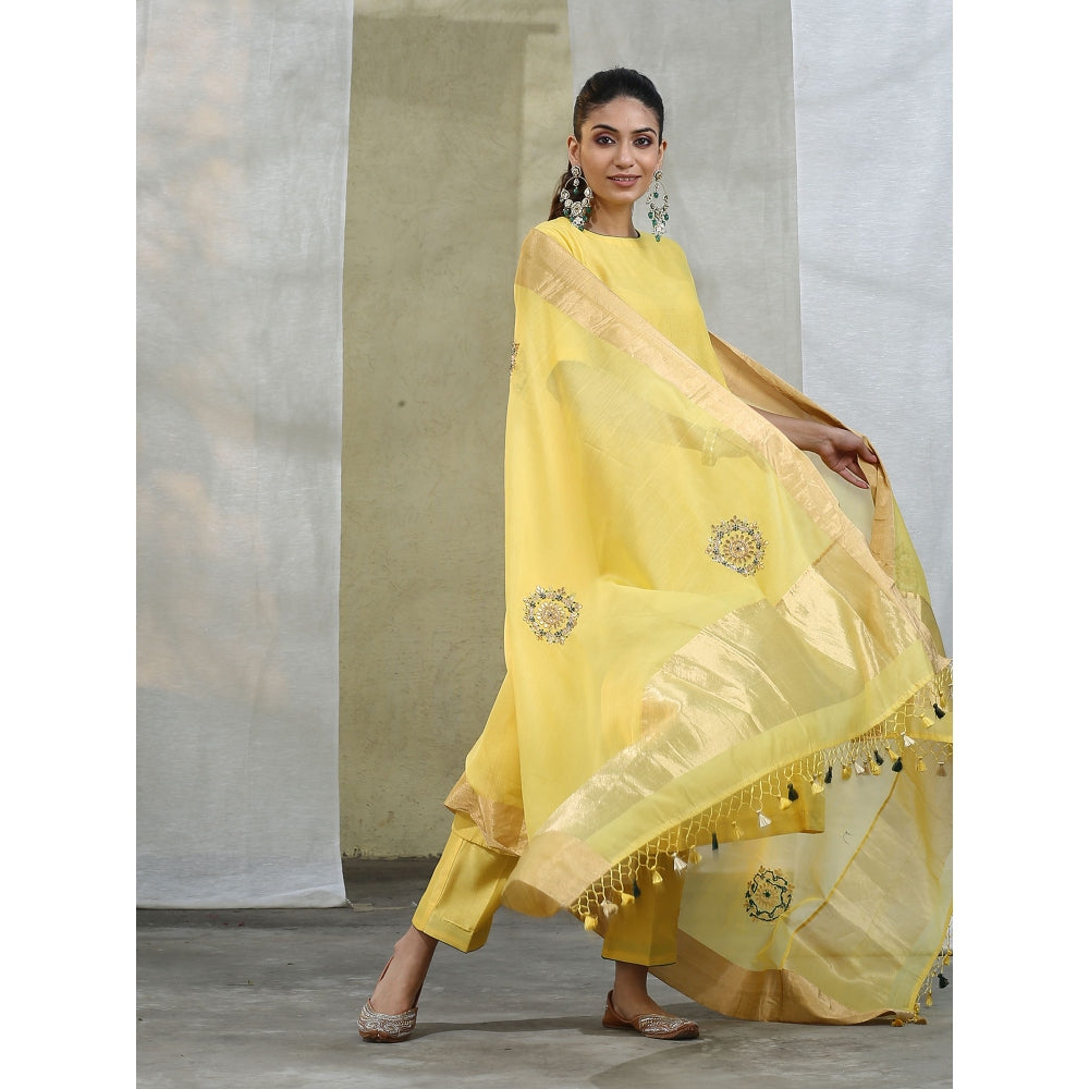 WeaverStory Yellow Handloom Chanderi Silk Suit with Sheer Dupatta (Set of 3)
