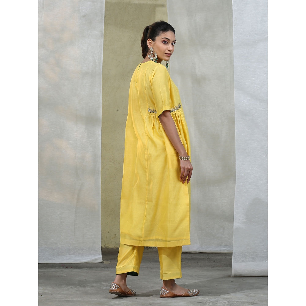 WeaverStory Yellow Handloom Chanderi Silk Suit with Sheer Dupatta (Set of 3)