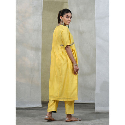 WeaverStory Yellow Handloom Chanderi Silk Suit with Sheer Dupatta (Set of 3)