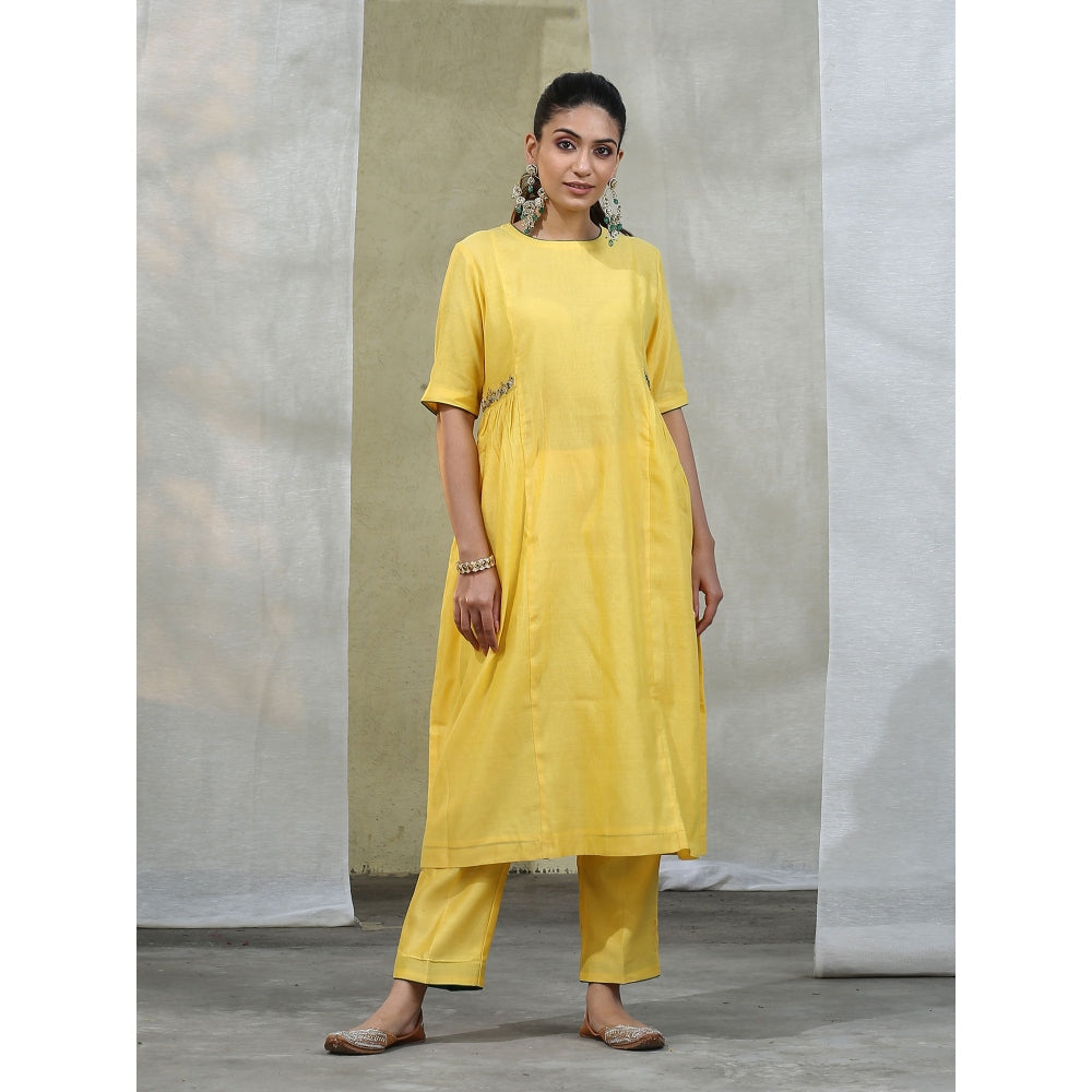 WeaverStory Yellow Handloom Chanderi Silk Suit with Sheer Dupatta (Set of 3)