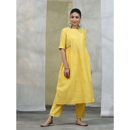 WeaverStory Yellow Handloom Chanderi Silk Suit with Sheer Dupatta (Set of 3)