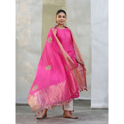 WeaverStory Handloom Hot Pink Chanderi Kurta with White Pants and Dupatta (Set of 3)