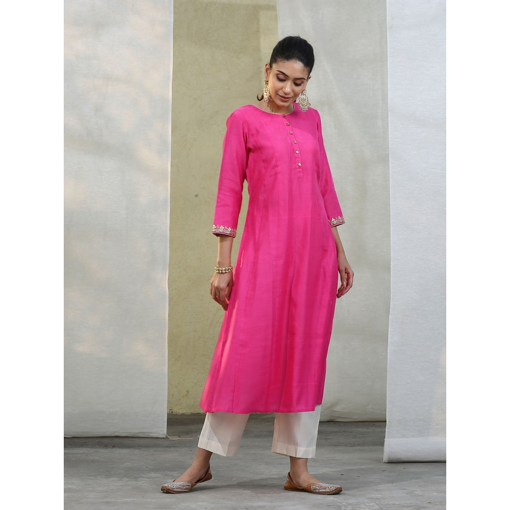 WeaverStory Handloom Hot Pink Chanderi Kurta with White Pants and Dupatta (Set of 3)