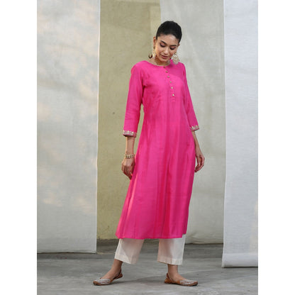 WeaverStory Handloom Hot Pink Chanderi Kurta with White Pants and Dupatta (Set of 3)