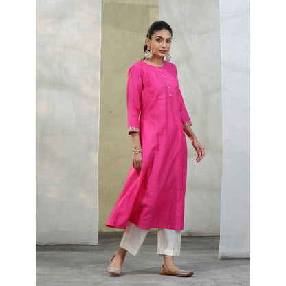 WeaverStory Handloom Hot Pink Chanderi Kurta with White Pants and Dupatta (Set of 3)