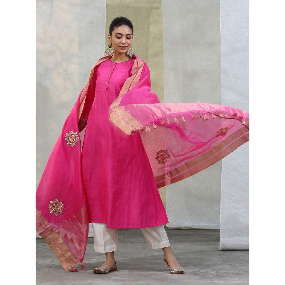WeaverStory Handloom Hot Pink Chanderi Kurta with White Pants and Dupatta (Set of 3)