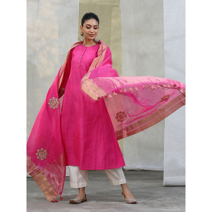 WeaverStory Handloom Hot Pink Chanderi Kurta with White Pants and Dupatta (Set of 3)