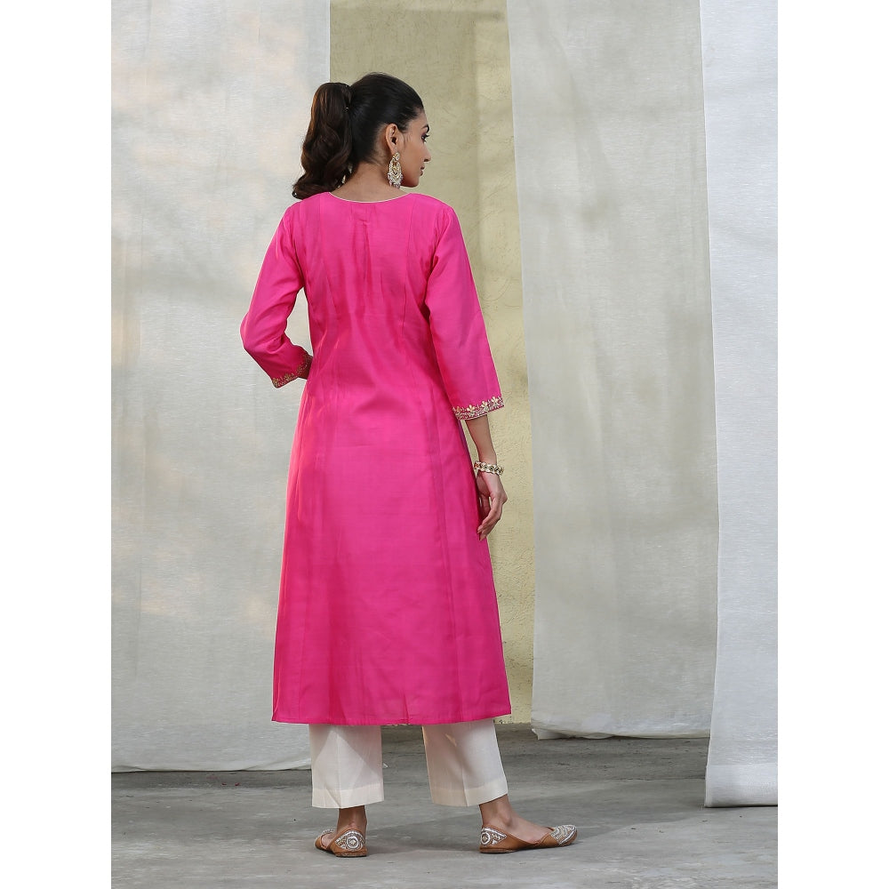 WeaverStory Handloom Hot Pink Chanderi Kurta with White Pants and Dupatta (Set of 3)
