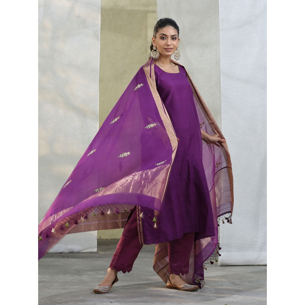 WeaverStory Purple Handloom Chanderi Silk Kurta with Zari Pant Suit with Dupatta (Set of 3)