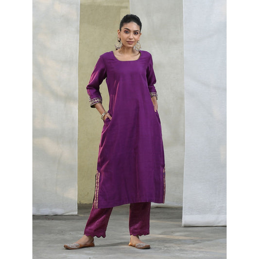 WeaverStory Purple Handloom Chanderi Silk Kurta with Zari Pant Suit with Dupatta (Set of 3)