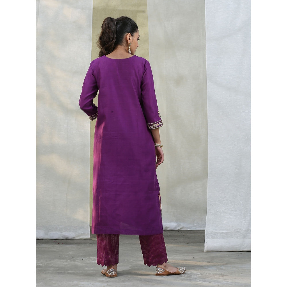 WeaverStory Purple Handloom Chanderi Silk Kurta with Zari Pant Suit with Dupatta (Set of 3)